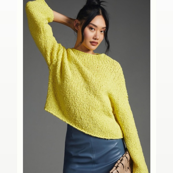 Anthropologie Yellow Chartreuse Chunky Knit Cotton Cropped Mock Neck Sweater - Picture 6 of 11